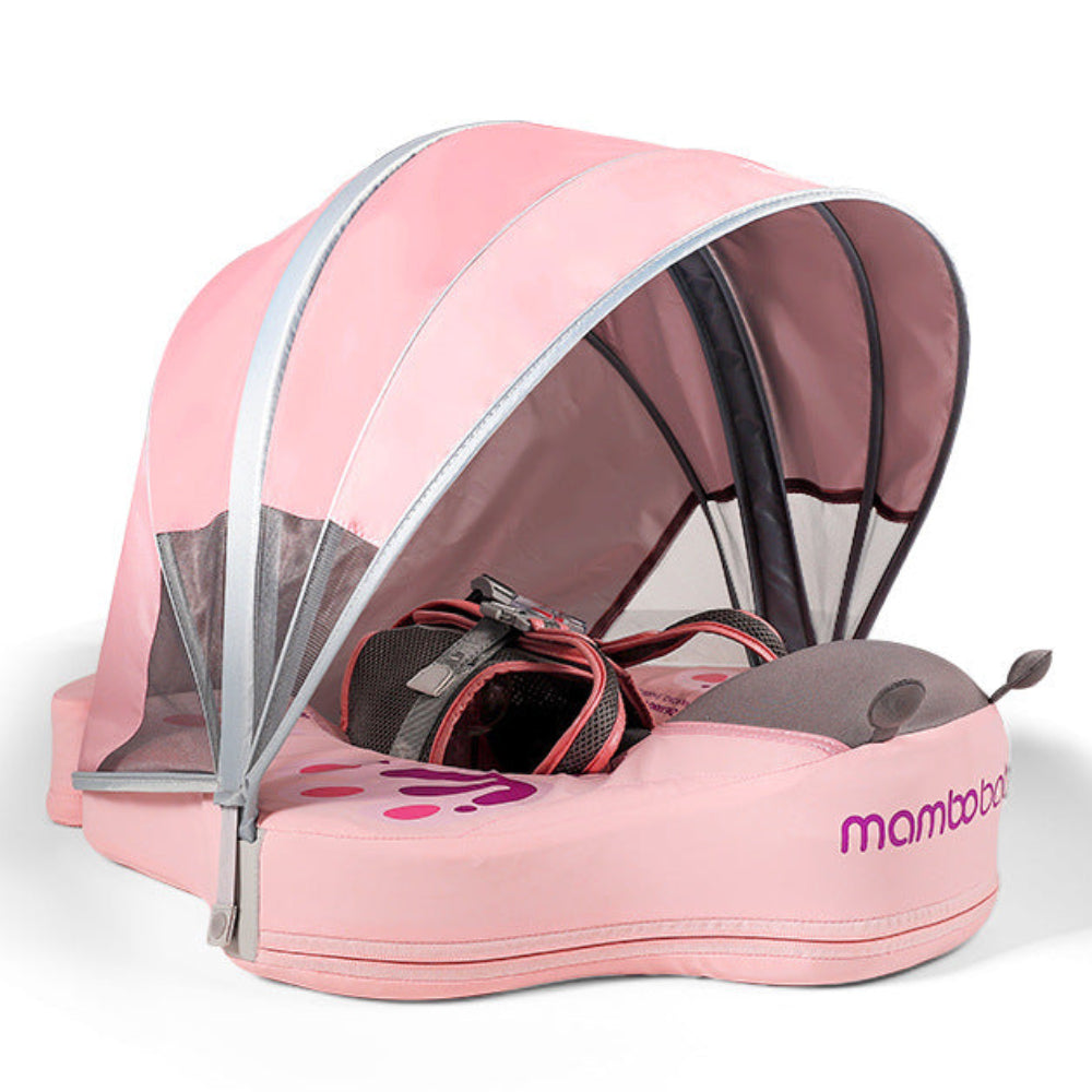 Mambobaby™ Vlinder babyfloat – Zwemtrainer met gewatteerd drijfhulpje in roze, zonnekap van gaas met boogjes.
