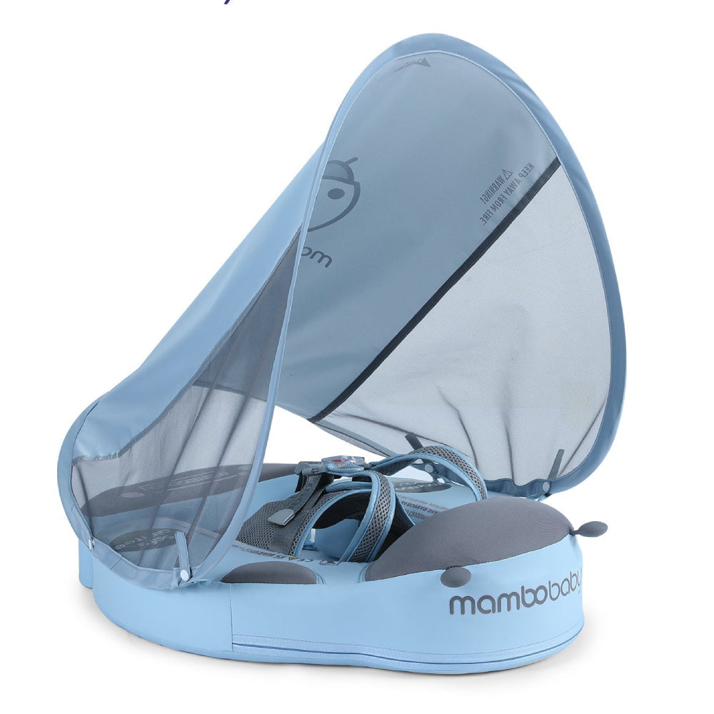 Babyfloat zonder lucht Mambobaby™ blauw en grijs met gaas-zonnekap en draaghandvatten