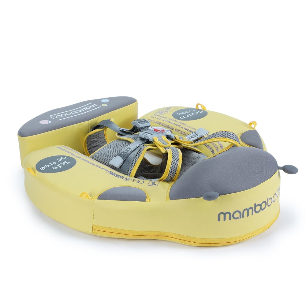 Babyfloat zonder lucht Mambobaby™ geel en grijs met zonnekap en riemen, zijaanzicht