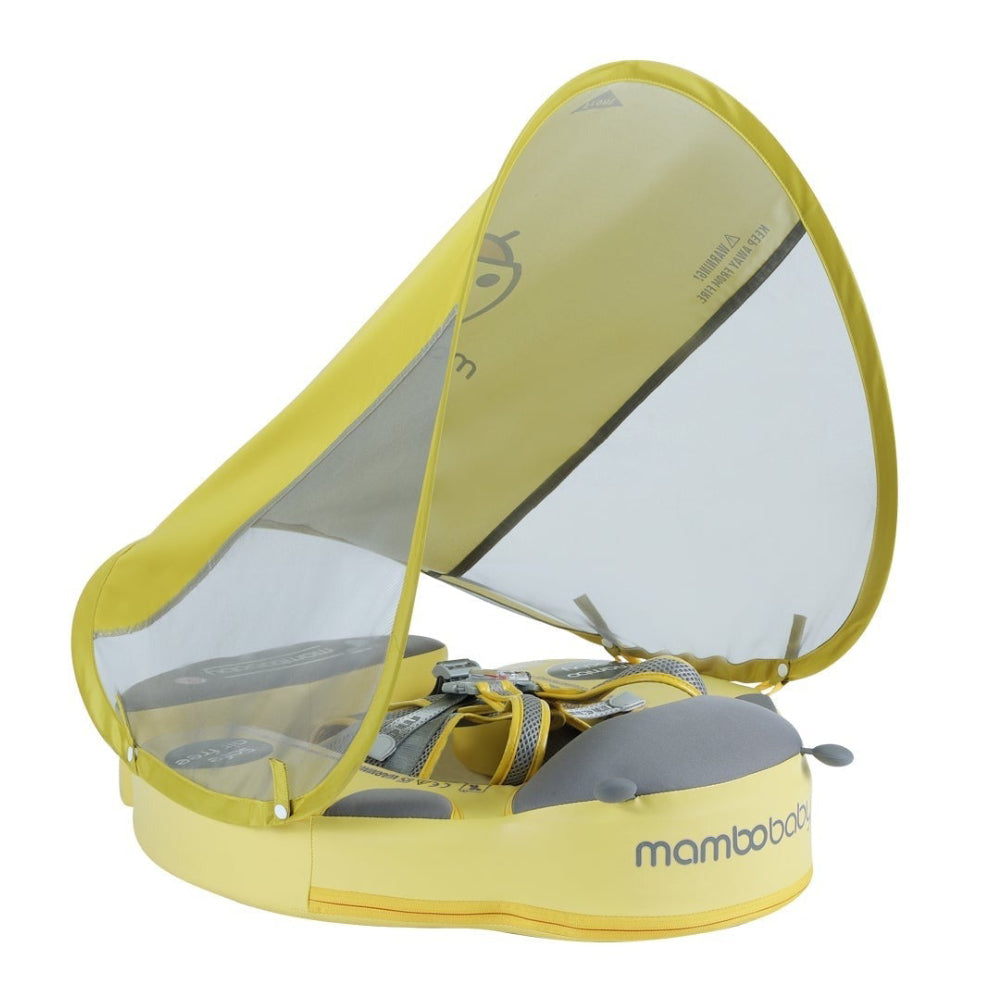 Babyfloat zonder lucht Mambobaby™ geel en grijs met gaas-zonnekap en gordels