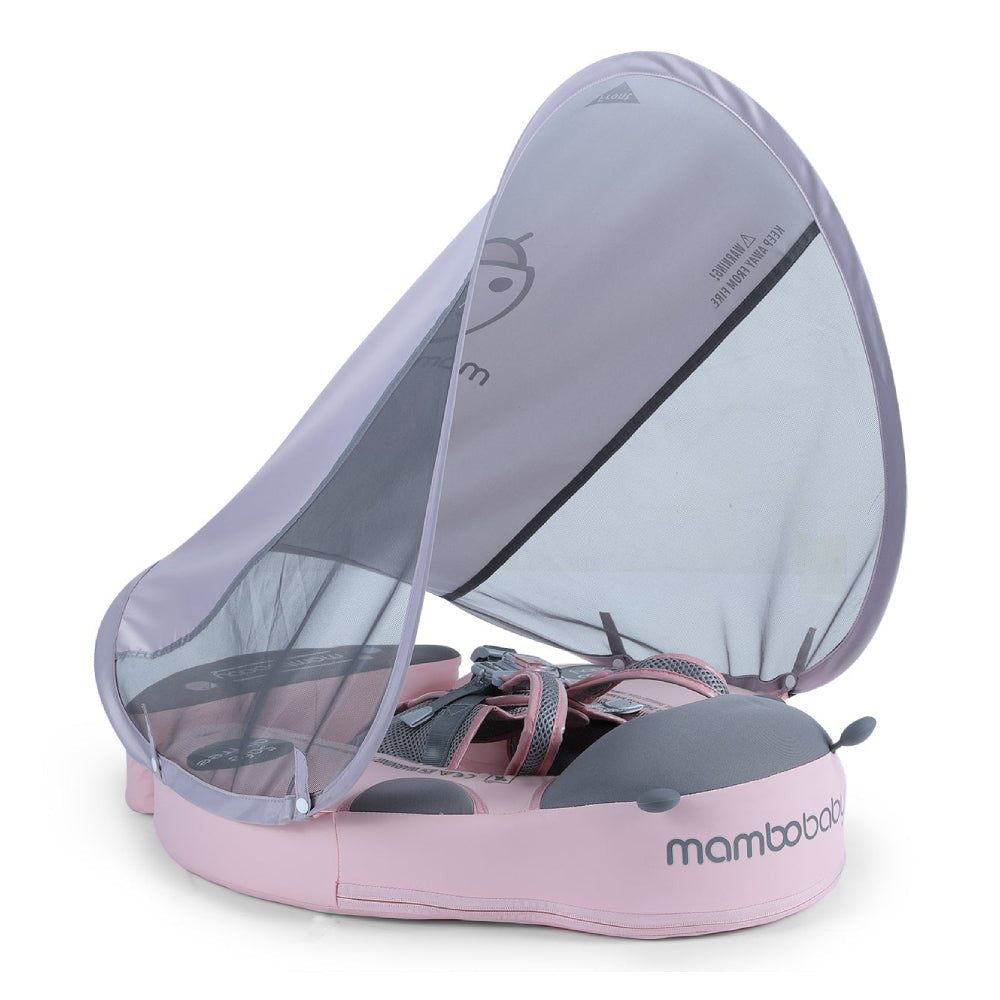 Babyfloat zonder lucht Mambobaby™ met roze en grijze zonnekap, gaas en verstelbare riemen