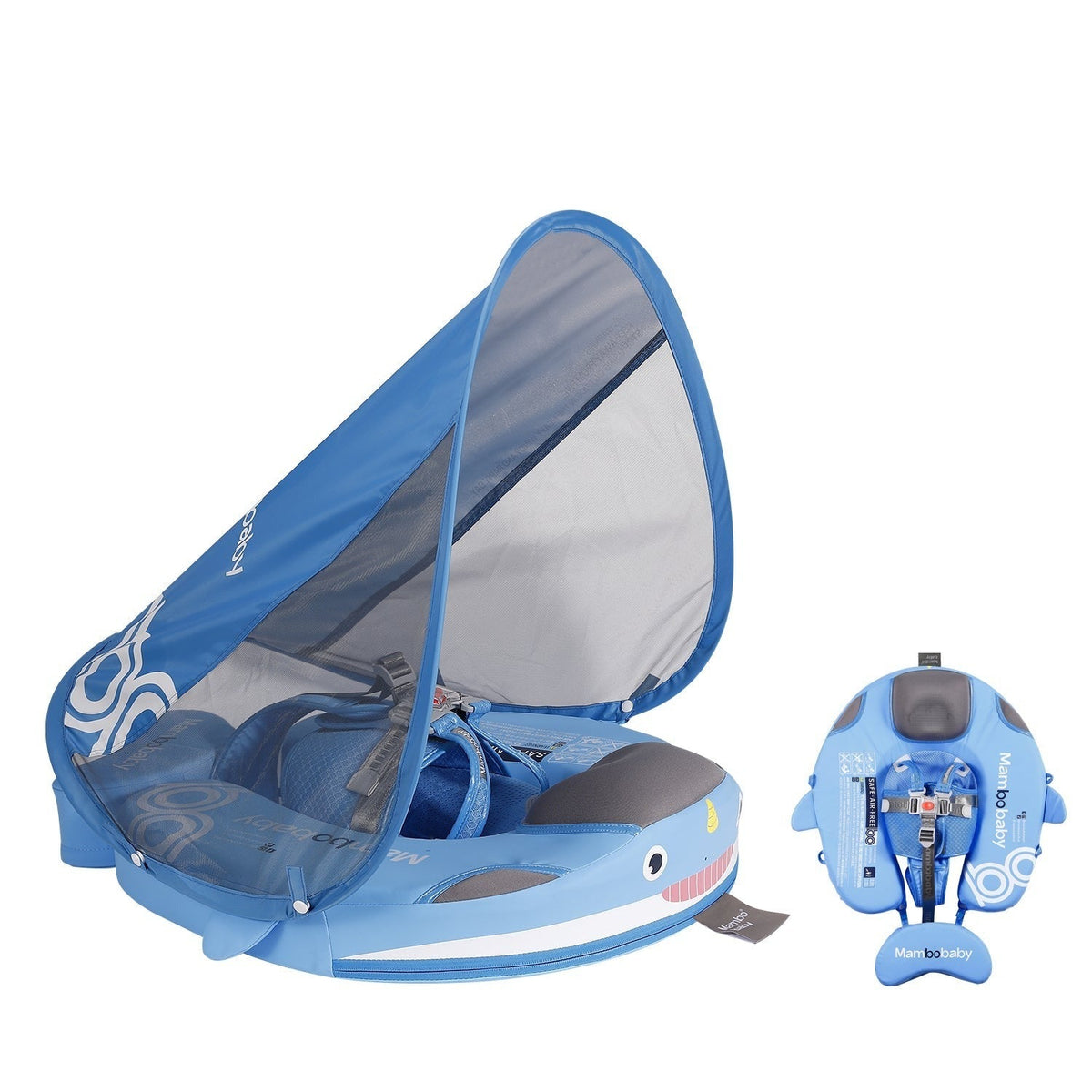 Mambobaby™ Narwal luchtvrij drijfhulpje – zwemring in narwal-design blauw voor baby's, met harnas en oprolbare zonnekap