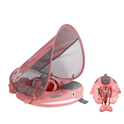 Mambobaby™ Narwal luchtvrij drijfhulpje – zwemring in narwal-design roze voor baby's, met harnas en oprolbare zonnekap
