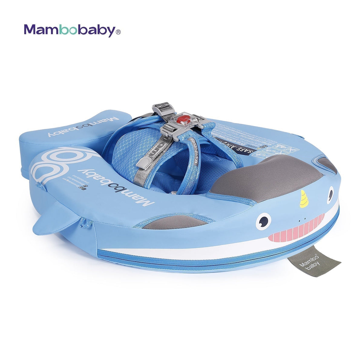 Mambobaby™ Narwal luchtvrij drijfhulpje – blauwe narwal-zwemring met riemen en bovenste gesp