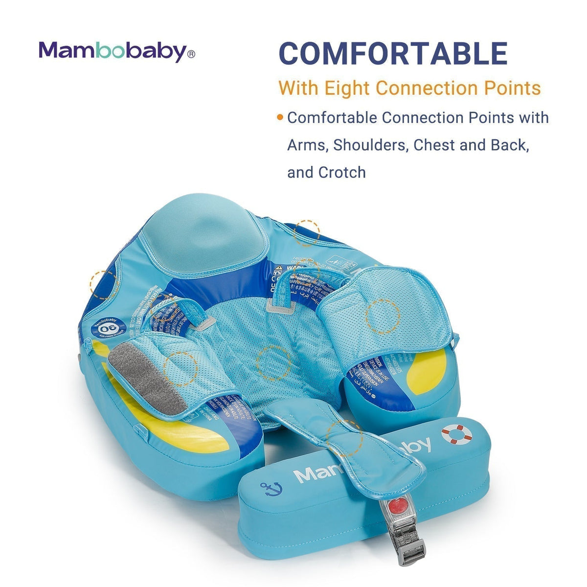 Mambobaby™ Narwal luchtvrij drijfhulpje – blauwe zwemring met meerdere bevestigingspunten en veiligheidsharnas