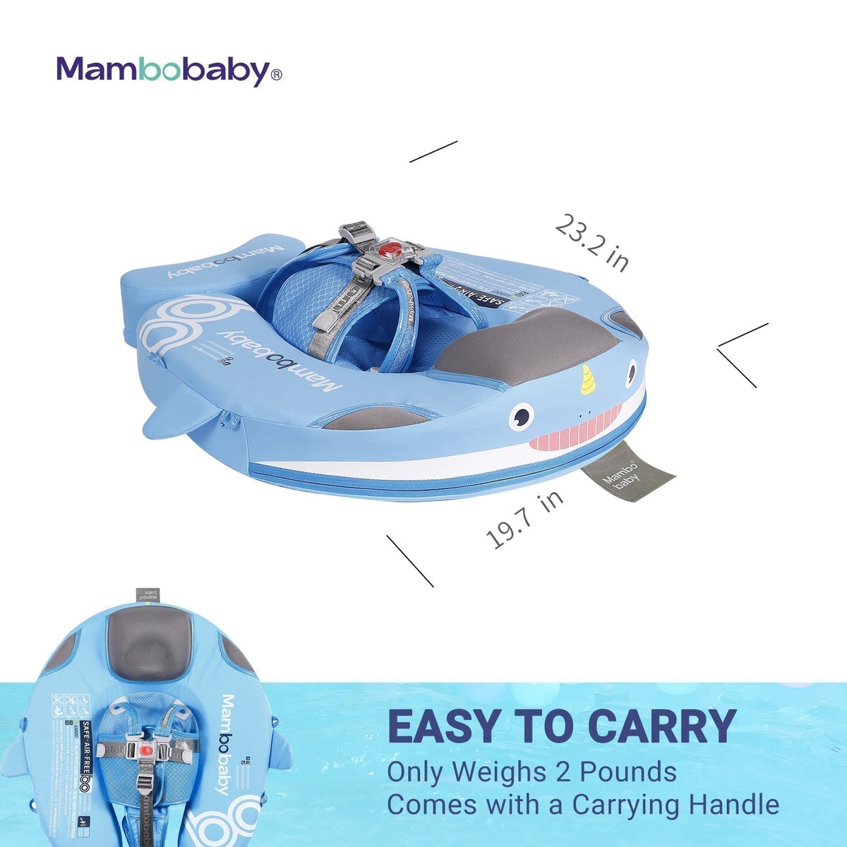 Mambobaby™ Narwal luchtvrij drijfhulpje – blauwe zwemring met draaghengsel en veiligheidsgespen