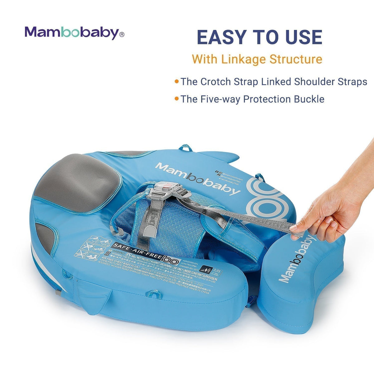 Mambobaby™ Narwal luchtvrij drijfhulpje – blauwe zwemring met sluitstructuur en kruisriem