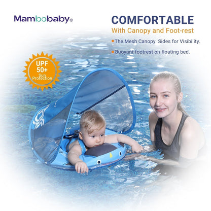 Mambobaby™ Narwal luchtvrij drijfhulpje – blauwe zwemring met zonnekap en voetsteun, met harnasbevestiging