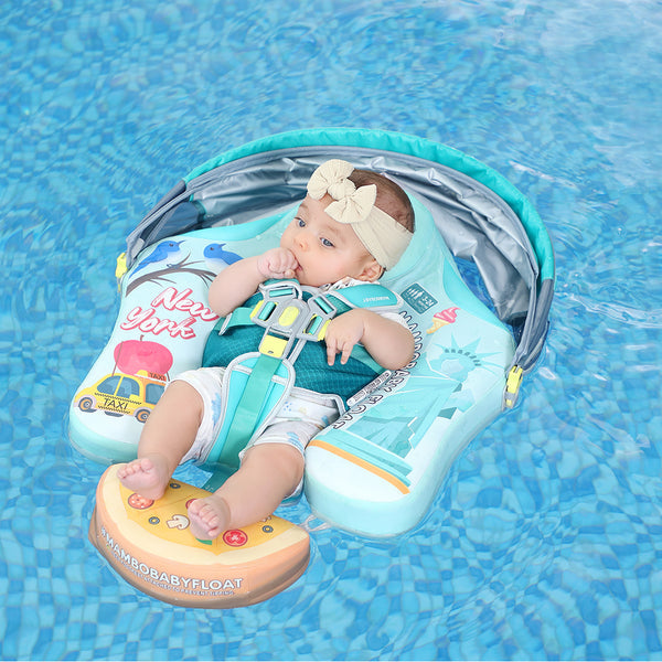 Babyfloat zonder lucht Mambobaby™ New York – Turquoise drijfhulp met UV-dak, harnas en opblaasbare steun voor baby