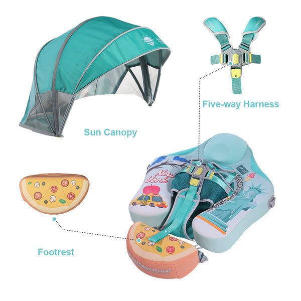 Babyfloat zonder lucht Mambobaby™ New York – Turquoise drijfhulp voor baby's met UV-dak, harnas en geïntegreerde voetsteun