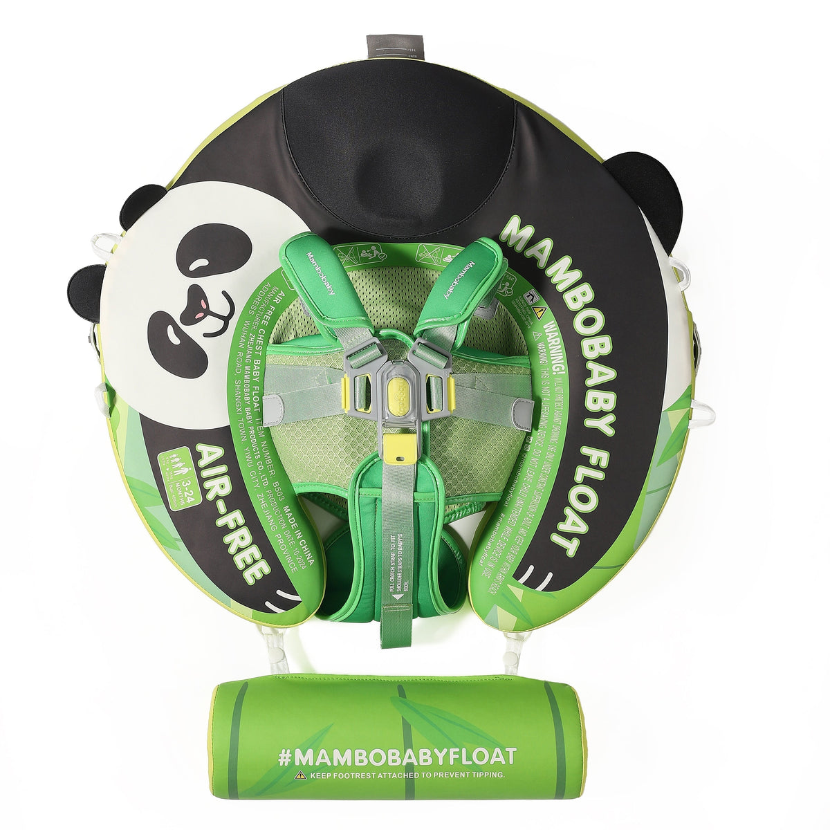Luchtvrij babyfloat Mambobaby™ Panda – Luchtvrije zwemhulp panda, bovenaanzicht met groene harnassen en zwart kussen