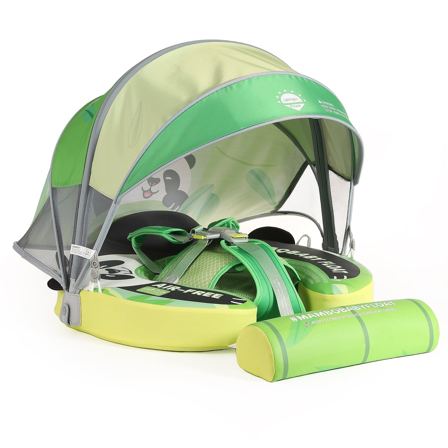 Luchtvrij babyfloat Mambobaby™ Panda – Luchtvrije zwemhulp panda, zijkant met grijs gaas en lichtgroene zonnekap