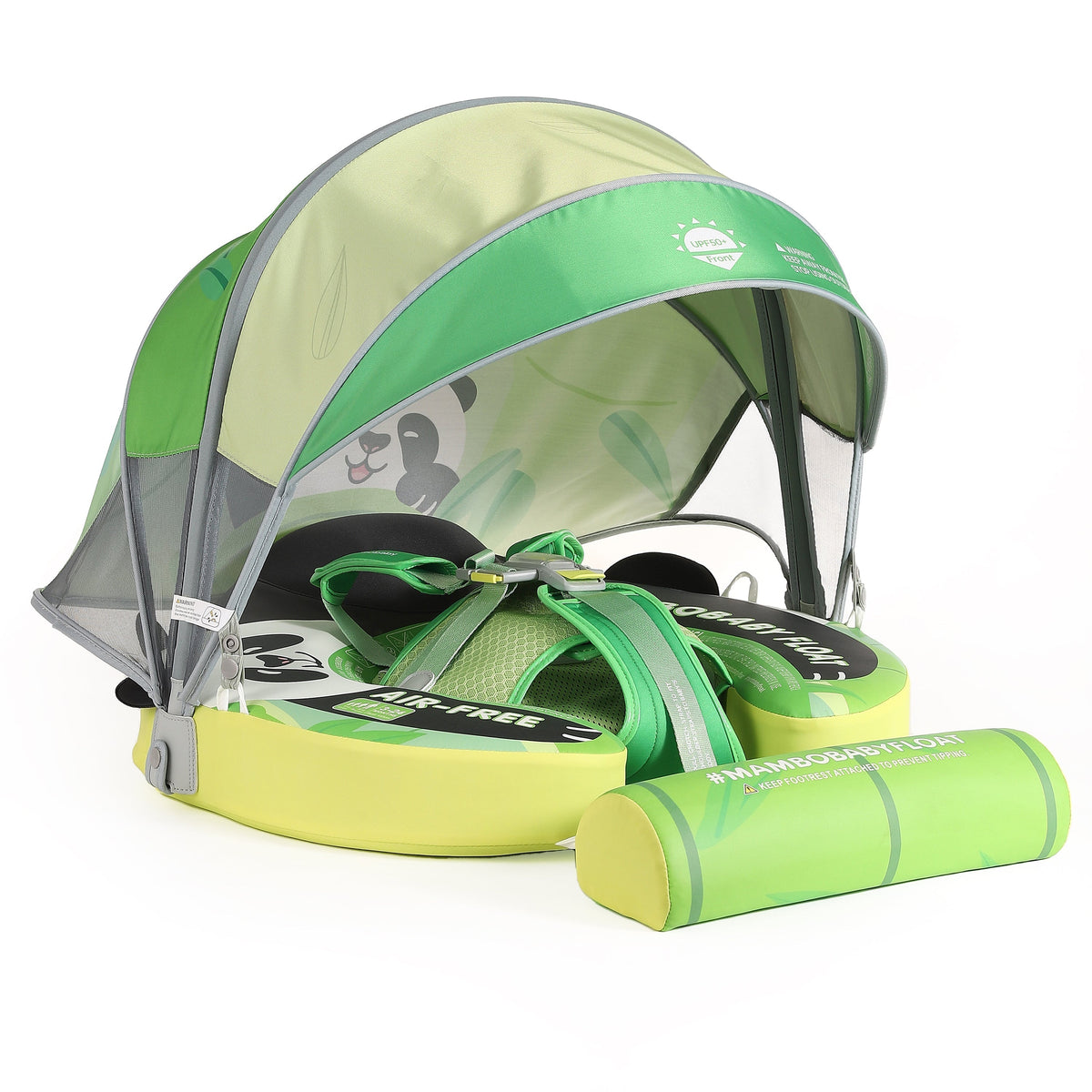 Luchtvrij babyfloat Mambobaby™ Panda – Luchtvrije zwemhulp panda, zijkant met grijs gaas en lichtgroene zonnekap