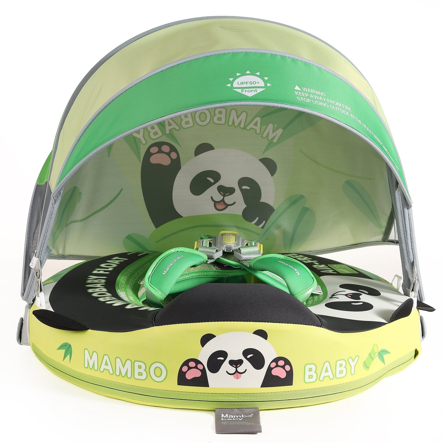 Luchtvrij babyfloat Mambobaby™ Panda – Luchtvrije zwemhulp panda, vooraanzicht met gele basis en groen harnas