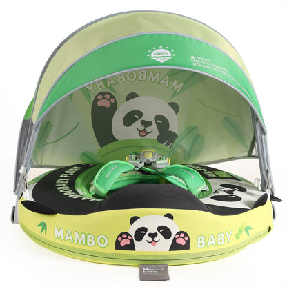Luchtvrij babyfloat Mambobaby™ Panda – Luchtvrije zwemhulp panda, vooraanzicht met gele basis en groen harnas