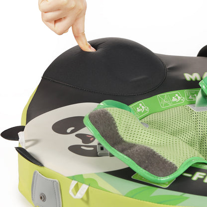 Luchtvrij babyfloat Mambobaby™ Panda – Luchtvrij drijfzitje panda, zwart kussen met groene riem en hand die verstelt