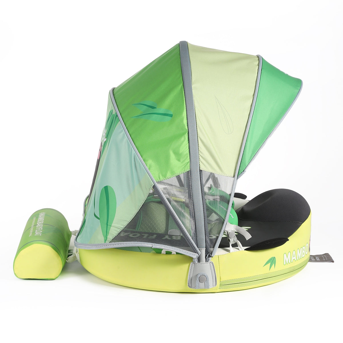 Luchtvrij babyfloat Mambobaby™ Panda – Luchtvrije zwemhulp panda, zijaanzicht met uitgeklapte zonnekap en zwart kussen