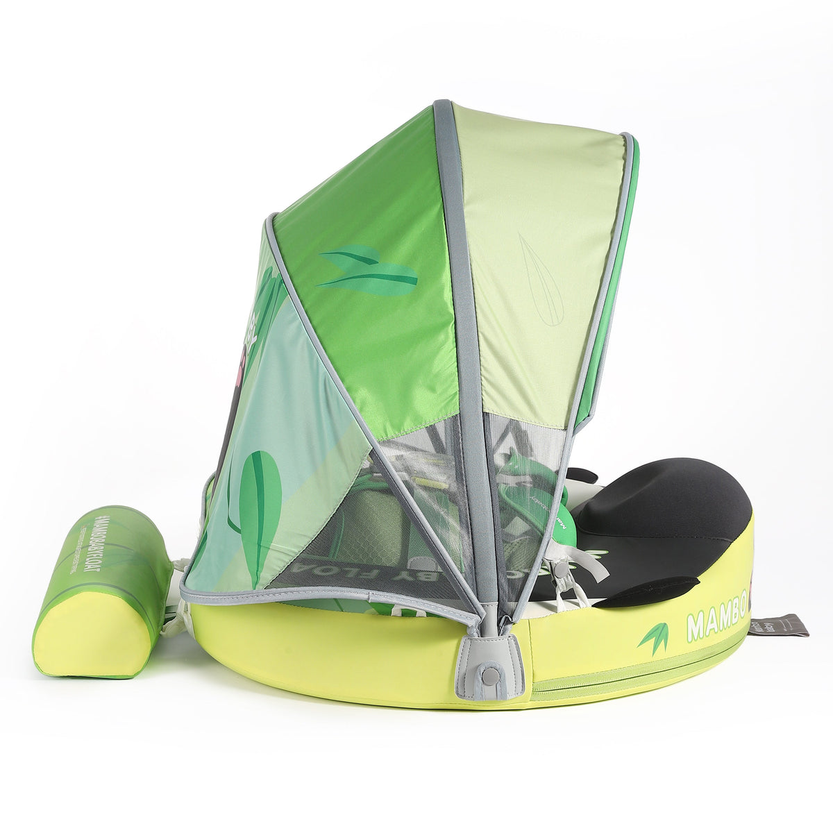 Luchtvrij babyfloat Mambobaby™ Panda – Luchtvrije zwemhulp panda, zijaanzicht met gele basis en groene zonnekap