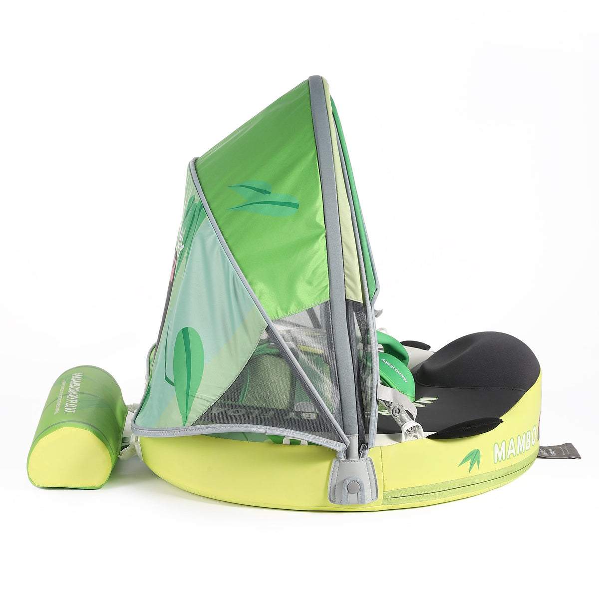 Luchtvrij babyfloat Mambobaby™ Panda – Luchtvrije zwemhulp groen en grijs met pandatekening en basis