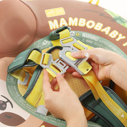 Mambobaby™ Luiaard babyfloat – Harnas met gele en groene banden, veiligheidsgespen en gewatteerde panelen.
