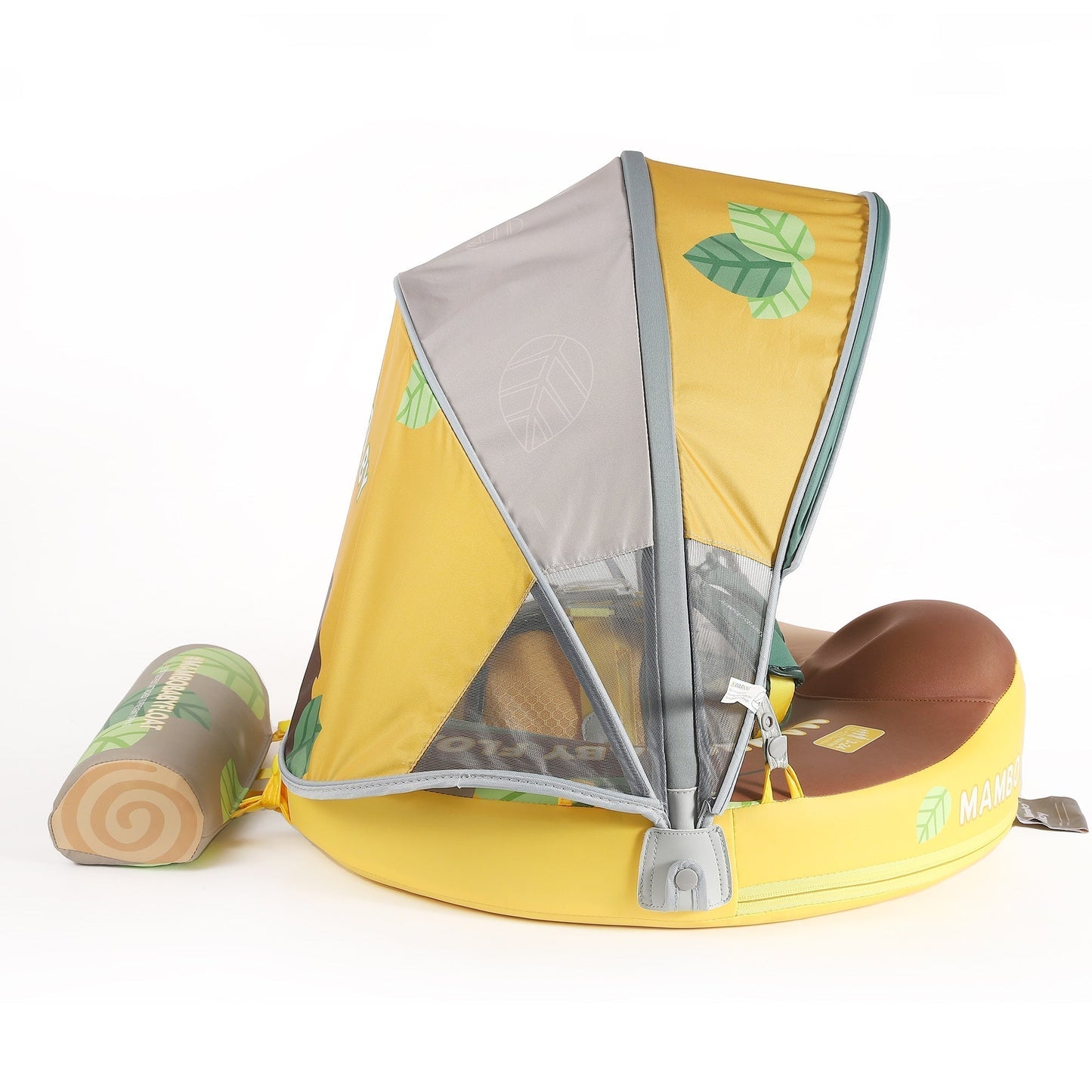 Mambobaby™ Luiaard babyfloat – Niet-opblaasbaar drijfhulpje met grijze en gele zonnekap, doorzichtig gaas en...