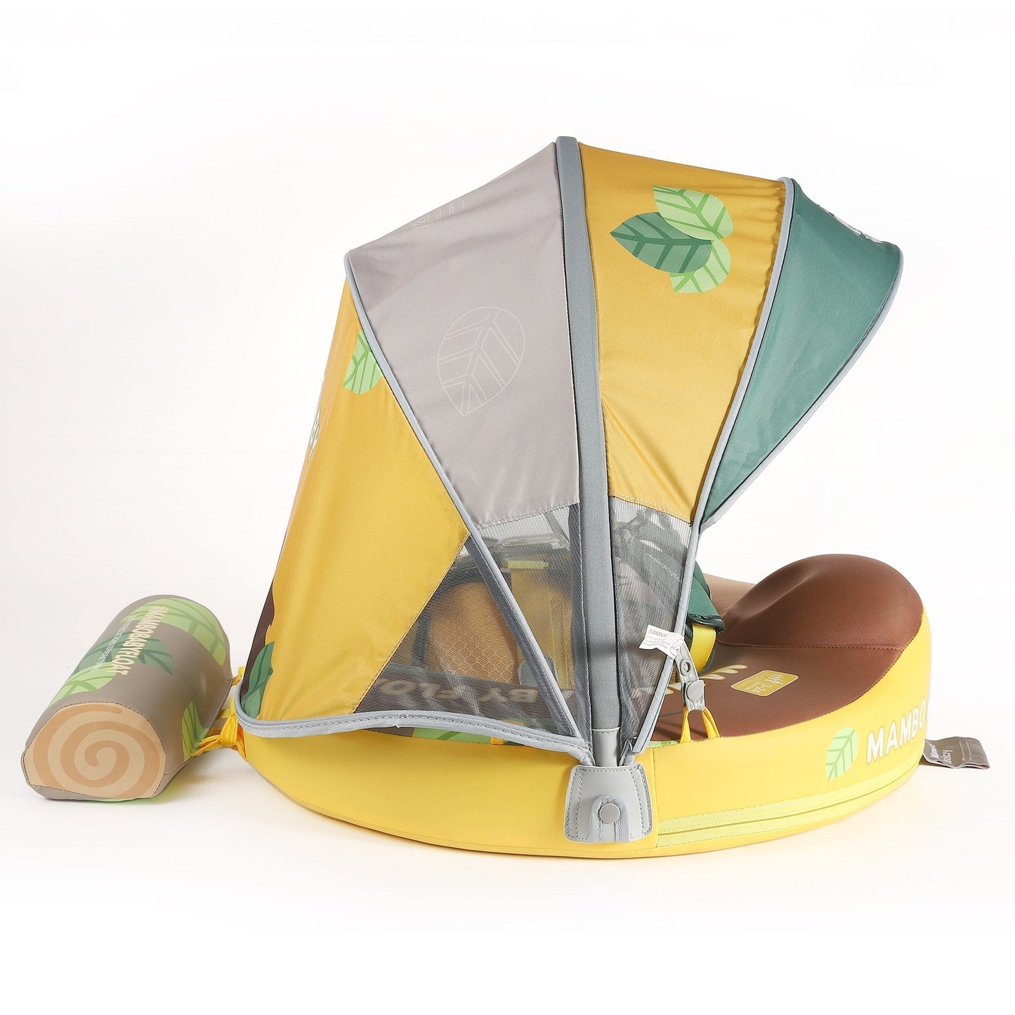 Mambobaby™ Luiaard babyfloat – Niet-opblaasbaar babydrijfhulpje met inklapbare zonnekap en gele basis