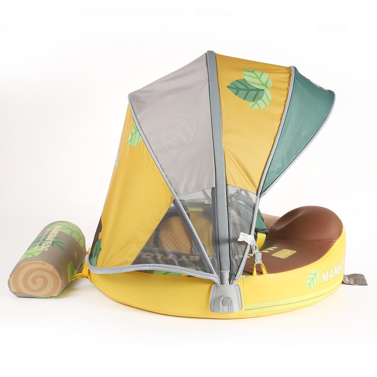 Mambobaby™ Luiaard babyfloat – Niet-opblaasbaar babydrijfhulpje met inklapbare zonnekap en gele basis