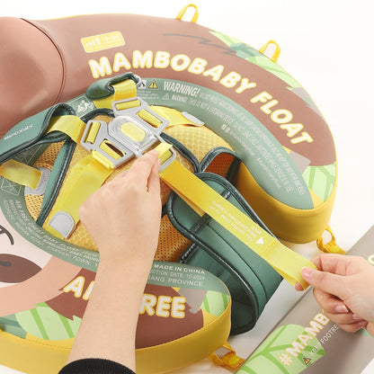 Mambobaby™ Luiaard babyfloat – Bovenpaneel van het drijfhulpje met gele banden en gespen, venster van...