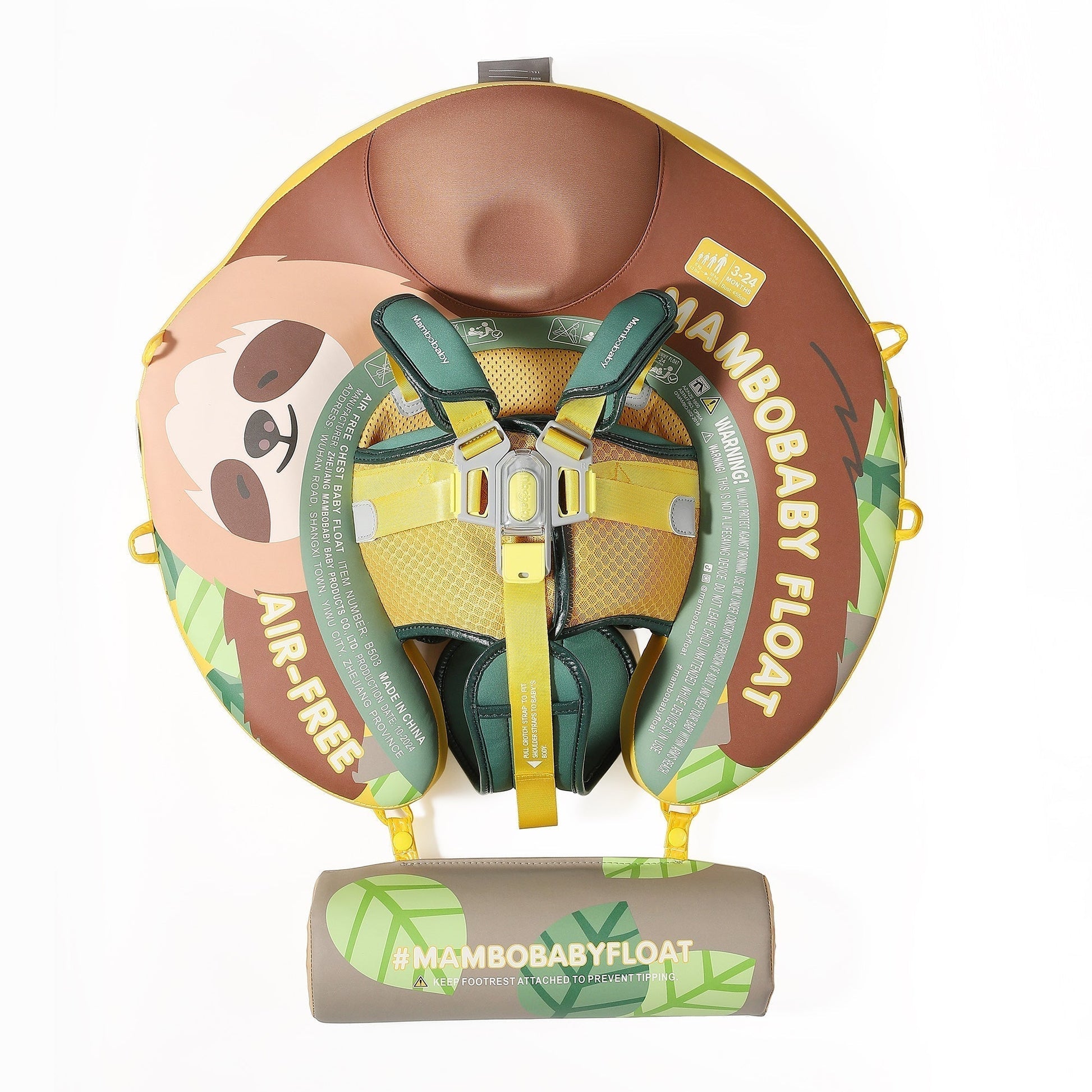 Mambobaby™ Luiaard babyfloat – Rond niet-opblaasbaar drijfhulpje met rugsteun en centraal harnas, luiaardprint
