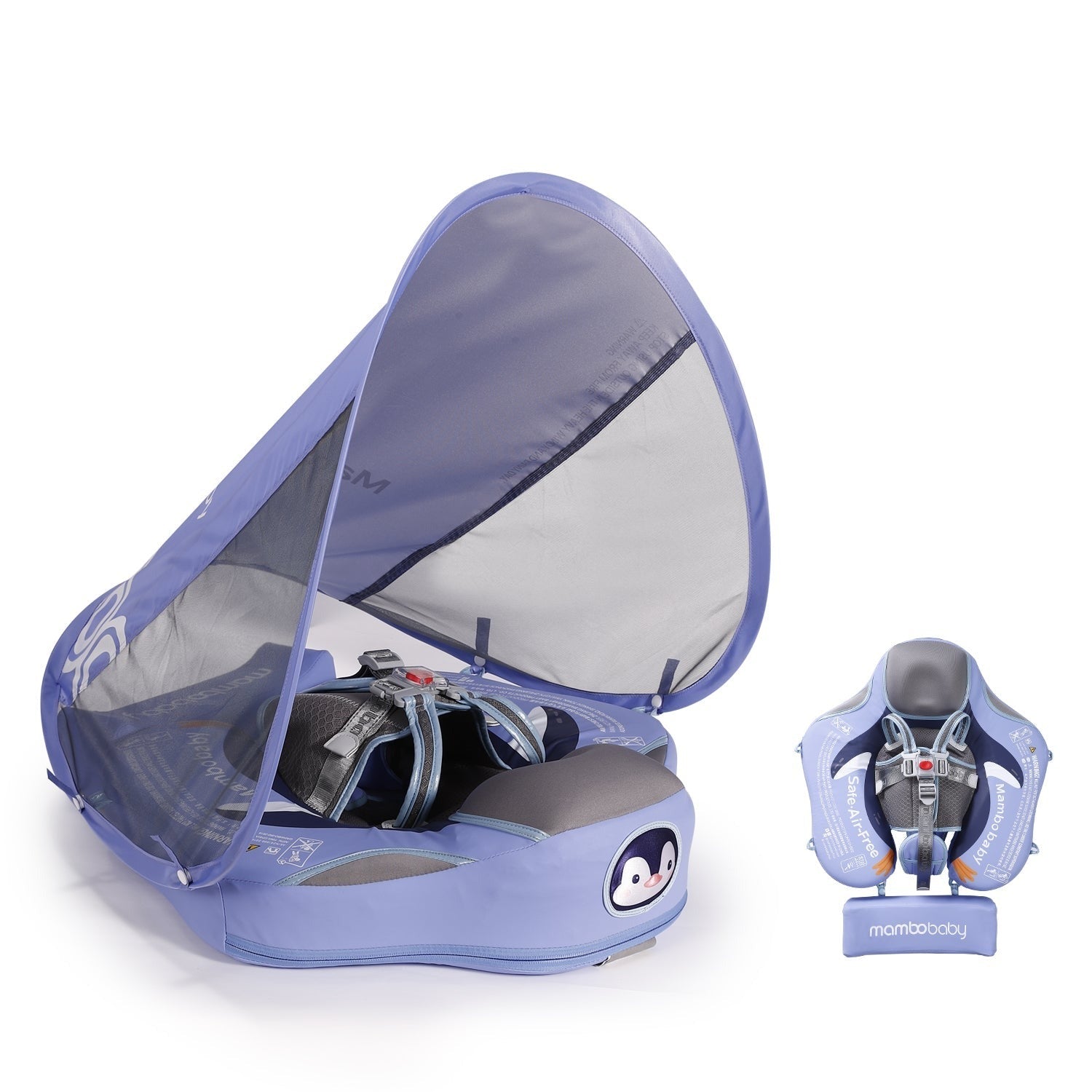 Babyfloat zonder lucht Mambobaby™ Pinguïn – Babyfloat zonder lucht met pinguïn-ontwerp, harnas en blauw gestoffeerd zitje