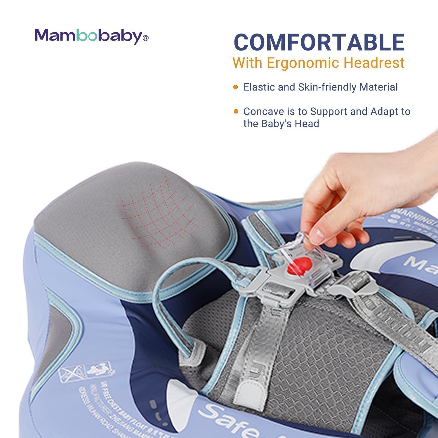 Babyfloat zonder lucht Mambobaby™ Pinguïn – Blauwe babyfloat zonder lucht met ergonomische hoofdsteun en verstelbare bandjes