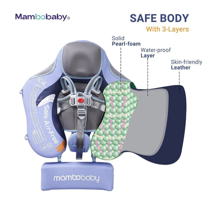 Babyfloat zonder lucht Mambobaby™ Pinguïn – Blauwe babyfloat zonder lucht met gestoffeerd harnas, beschermlagen en versteviging