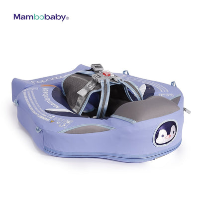 Babyfloat zonder lucht Mambobaby™ Pinguïn – Blauwe babyfloat zonder lucht met voorharnas en gestoffeerd zitje met pinguïn