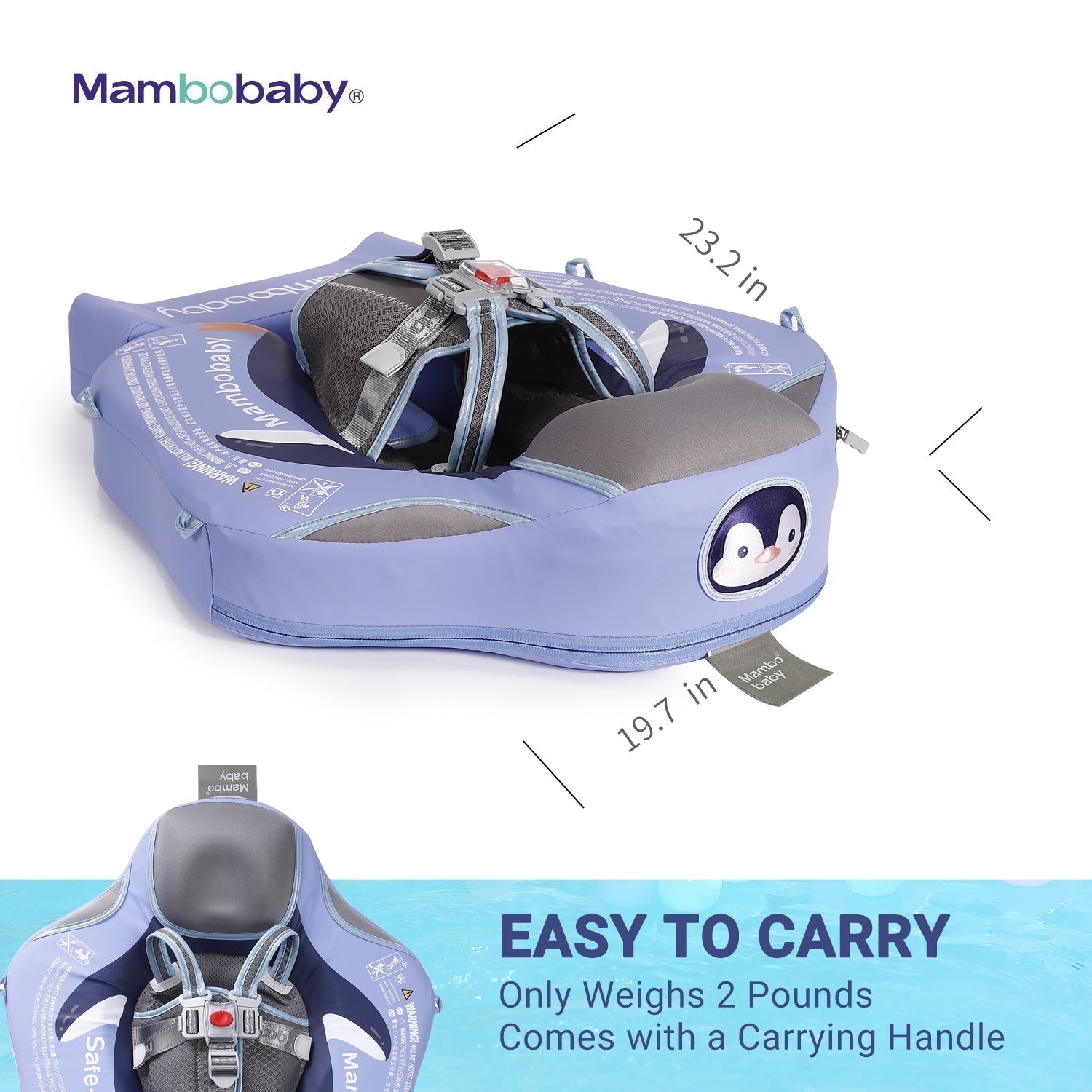 Babyfloat zonder lucht Mambobaby™ Pinguïn – Blauwe babyfloat zonder lucht met draaghandvat en pinguïn-ontwerp aan de zijkant