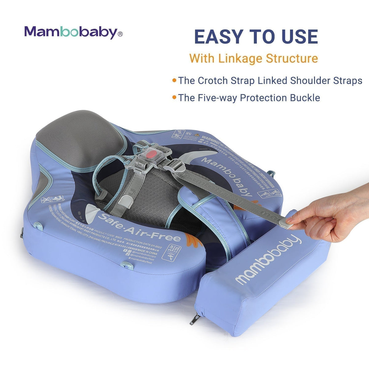Babyfloat zonder lucht Mambobaby™ Pinguïn – Blauwe babyfloat zonder lucht met bandjes verbonden aan het harnas en veiligheidsgesp