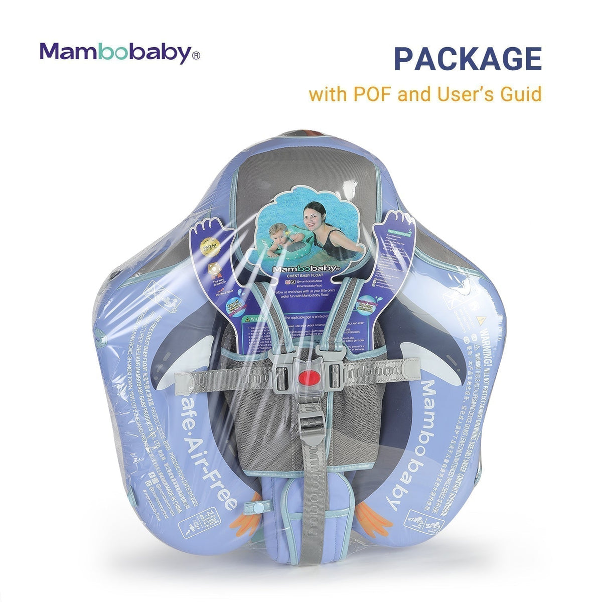 Babyfloat zonder lucht Mambobaby™ Pinguïn – Blauwe babyfloat zonder lucht met harnas en pinguïn-ontwerp, verpakking met handleiding
