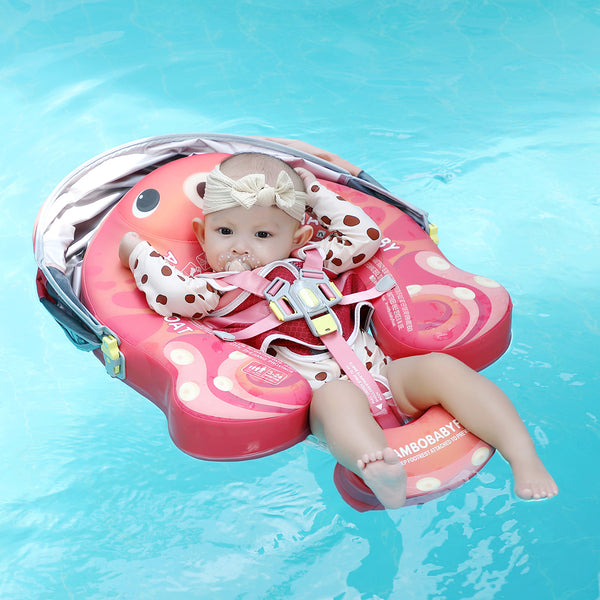 Luchtvrij babyfloat Mambobaby™ Octopus – Roze zwemvest met verstelbaar harnas en UV-zonnekap voor baby in het water