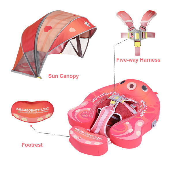 Luchtvrij babyfloat Mambobaby™ Octopus – Roze zwemhulp met zonnekap en 5-punts harnas, octopusdesign