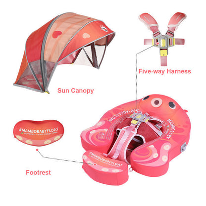 Luchtvrij babyfloat Mambobaby™ Octopus – Roze zwemhulp met zonnekap en 5-punts harnas, octopusdesign