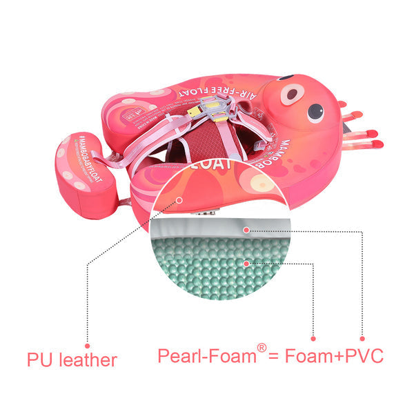 Luchtvrij babyfloat Mambobaby™ Octopus – Roze octopus-zwemhulp: PU-leer en PearlFoam met PVC-combinatie