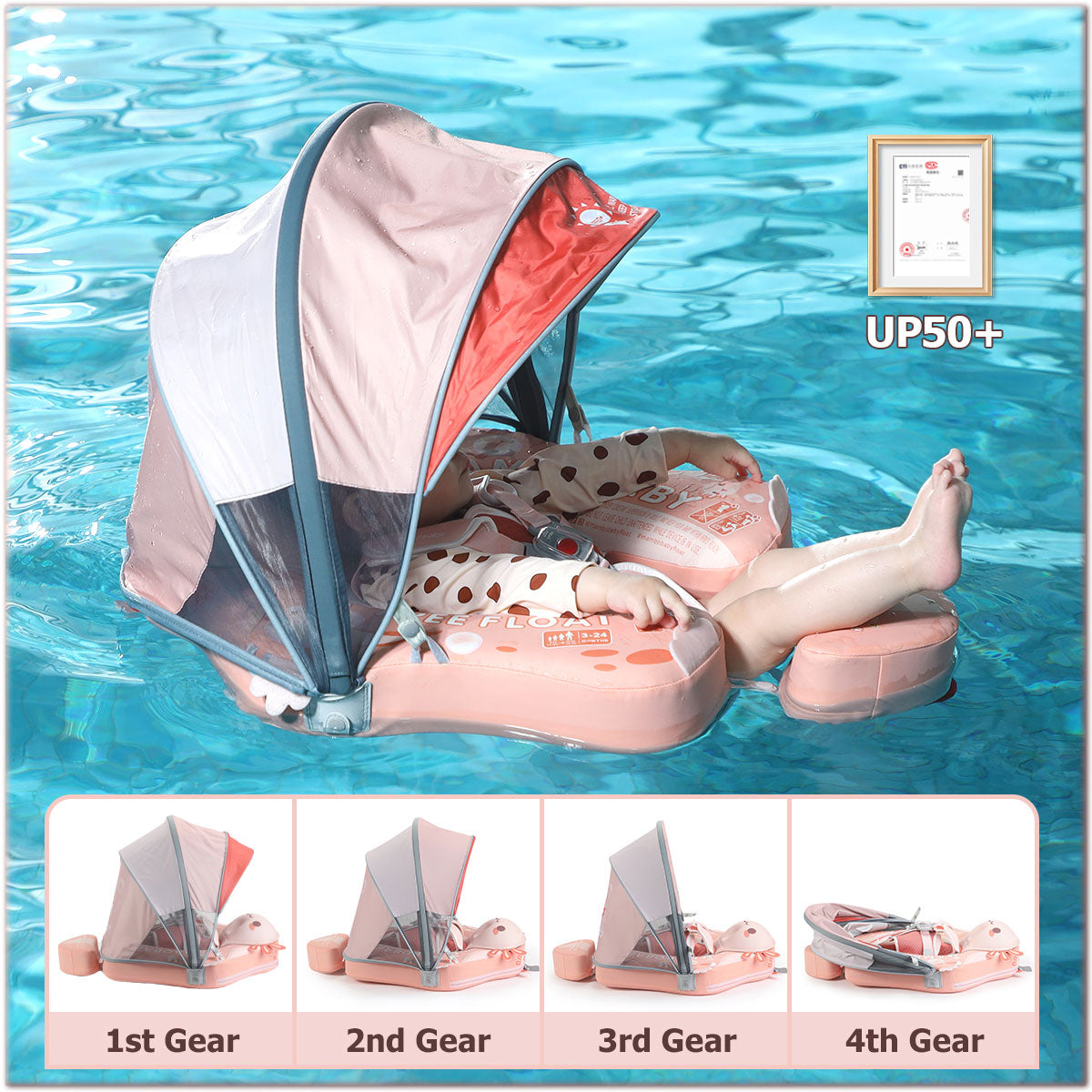 Babyfloat zonder lucht Mambobaby™ Salamander – Babyfloat zonder lucht met UPF50+ UV-zonnekap en harnas, roze kleur