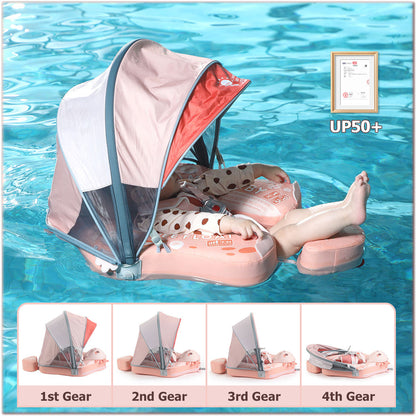 Babyfloat zonder lucht Mambobaby™ Salamander – Babyfloat zonder lucht met UPF50+ UV-zonnekap en harnas, roze kleur