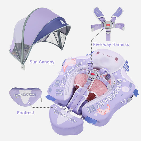 Babyfloat zonder lucht Mambobaby™ Salamander – Babyfloat zonder lucht met UV-zonnekap en harnas, lila kleur