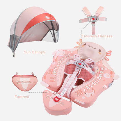 Babyfloat zonder lucht Mambobaby™ Salamander – Babyfloat zonder lucht met UV-zonnekap en harnas, koraalroze kleur