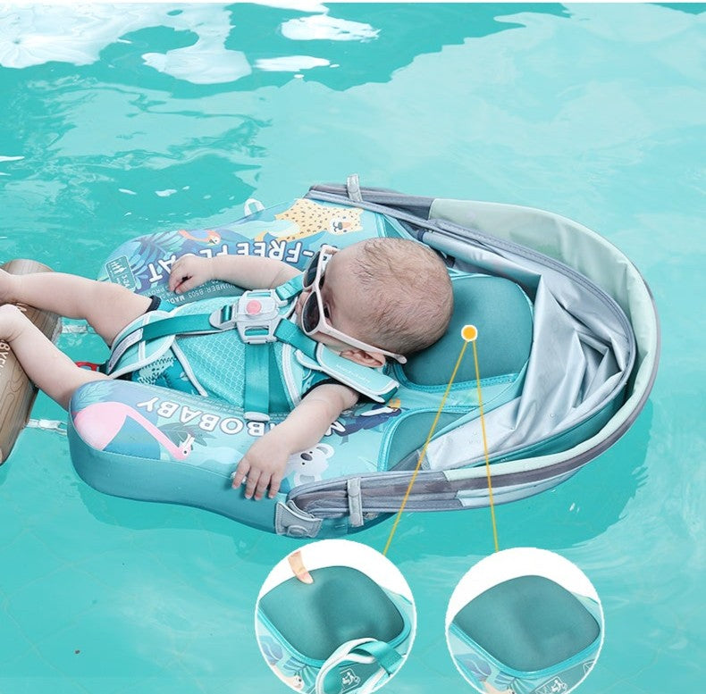 Mambobaby™ babyzwemhulpje met harnas en UV-dak, gebruikt door baby in het zwembad