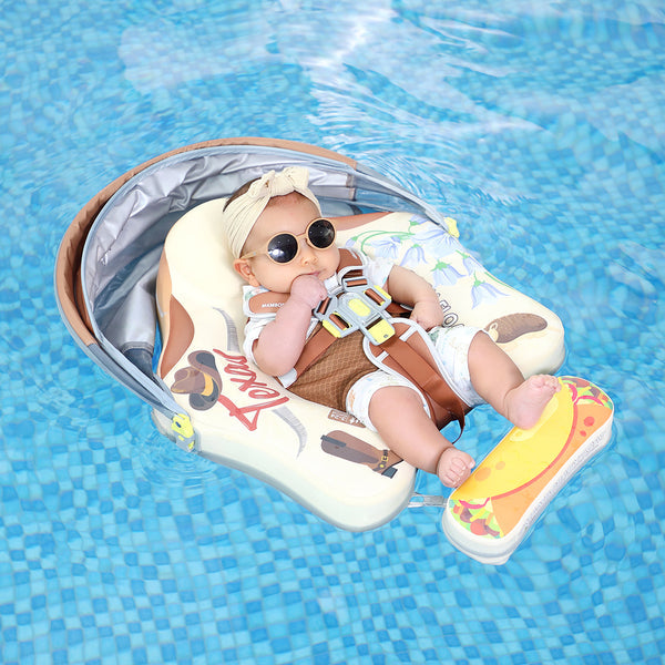 Mambobaby™ Texas babyfloat zonder lucht – Zwemhulp voor baby met UV-kap en harnas; baby zittend in de drijfstoel