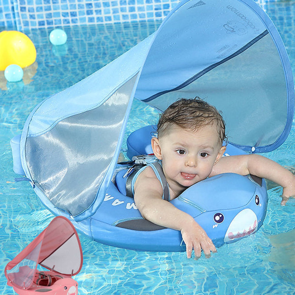 Mambobaby™ Haai babyfloat zonder lucht – Blauw zwemhulpmiddel met haaienvormige zonnekap en baby erin