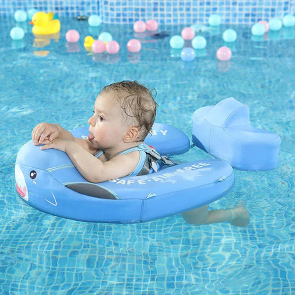 Mambobaby™ Haai babyfloat zonder lucht – Blauw haaienvormig zwemhulpmiddel met baby in het zitje