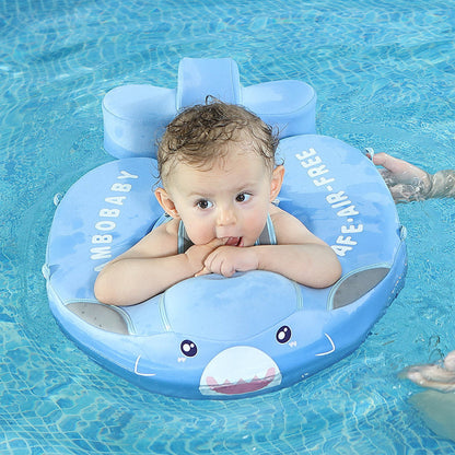 Mambobaby™ Haai babyfloat zonder lucht – Blauw zwemhulpmiddel met baby en gewatteerd zitje met haaienmotieven