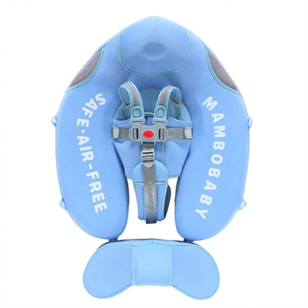 Mambobaby™ Haai babyfloat zonder lucht – Blauwe haaienvormige babyfloat met harnas en vinvorm, achteraanzicht